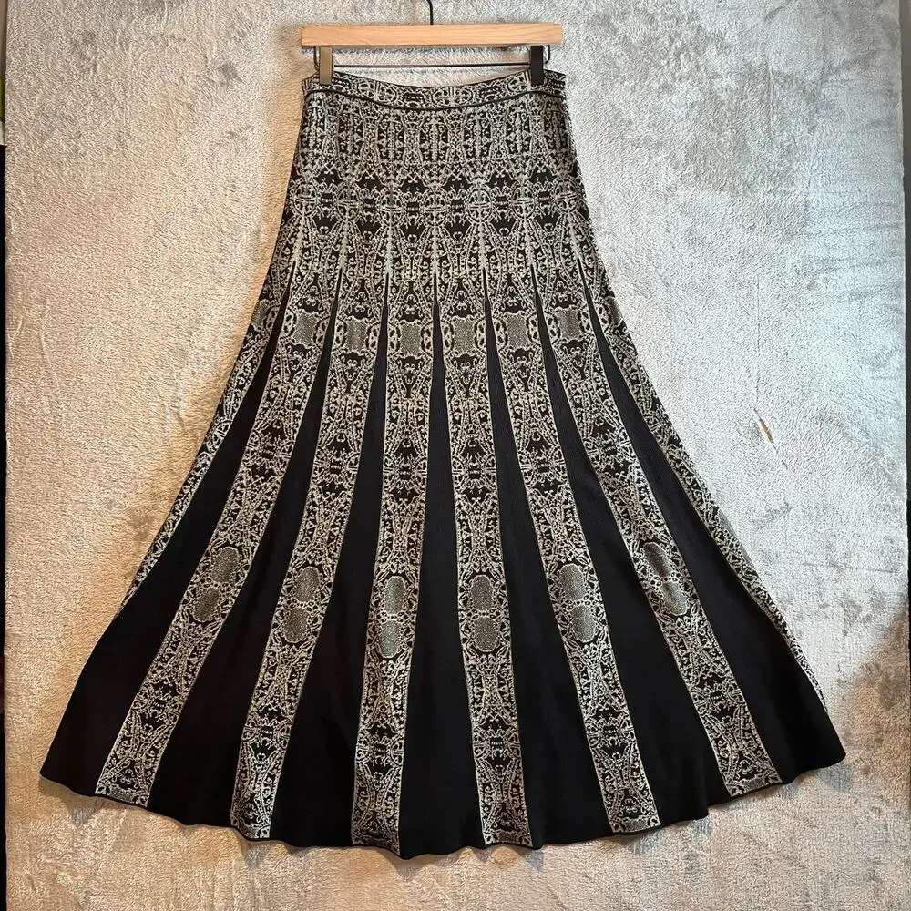 Peruvian Connection Calligraphy Maxi Skirt Sz Medium Gold Black Pima Cotton
